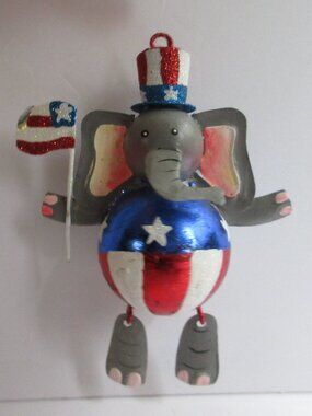 II Gallerie Patriotic Elephant Metal Ornament Dangling Feet Glitter Hat & Flag